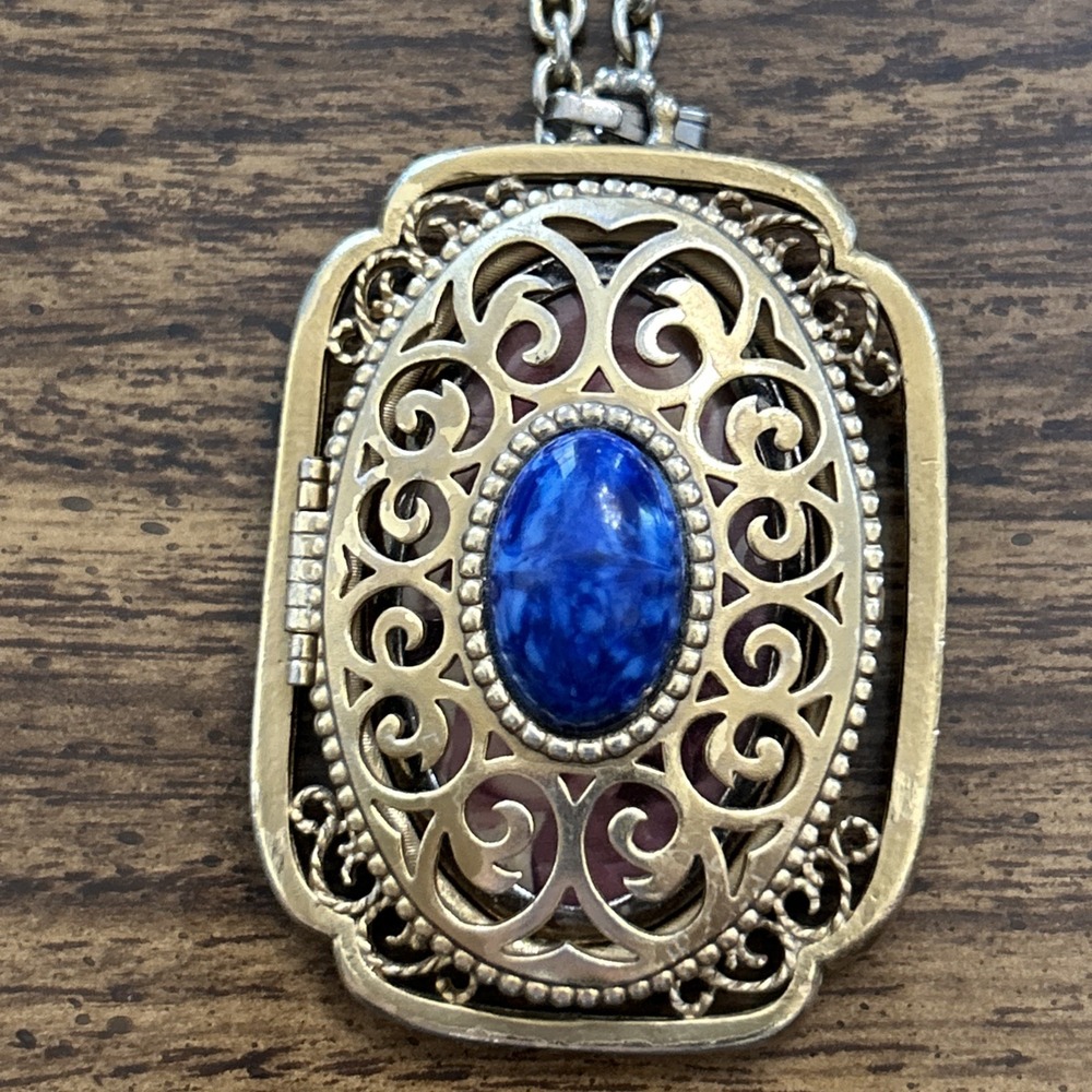 Vintage Gold Tone Filigree Locket Necklace Blue Cabochon Large Pendant 28" Chain